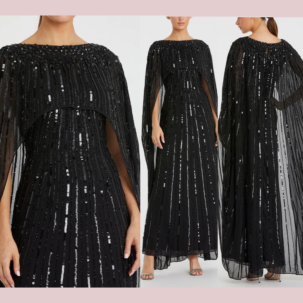 NEW $798 Mac Duggal [ 20 ] 93869 Embellished Beaded Column Cape Gown Black Q1071